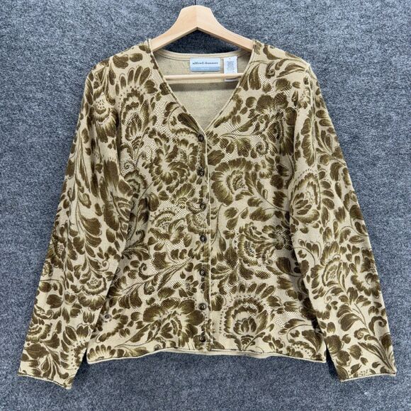 Alfred Dunner Sweaters - Alfred Dunner Cardigan Women PL Petite Beige Floral V-Neck Button Up Wool Knit